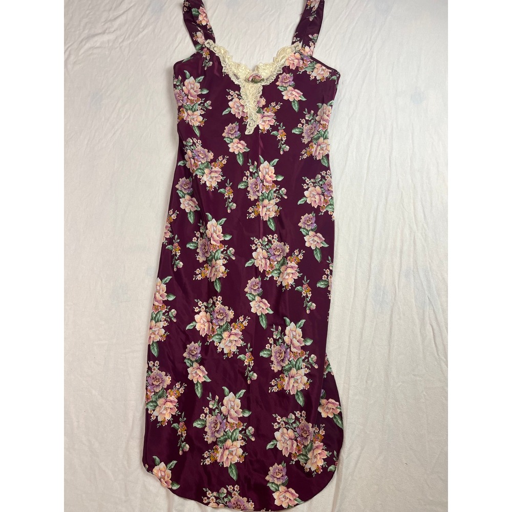 Vintage Floral Lace Trim Satin Nightgown Burgundy Pink Long Chemise Sleepwear